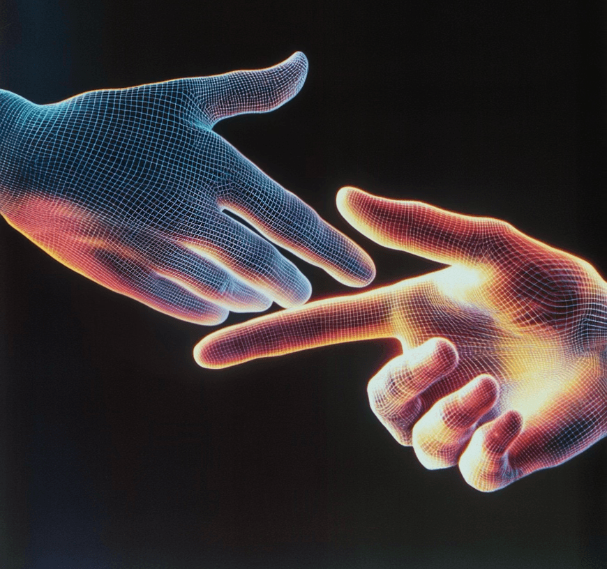 Two wireframe hands reaching toward each other — a partnership rendered as a mesh