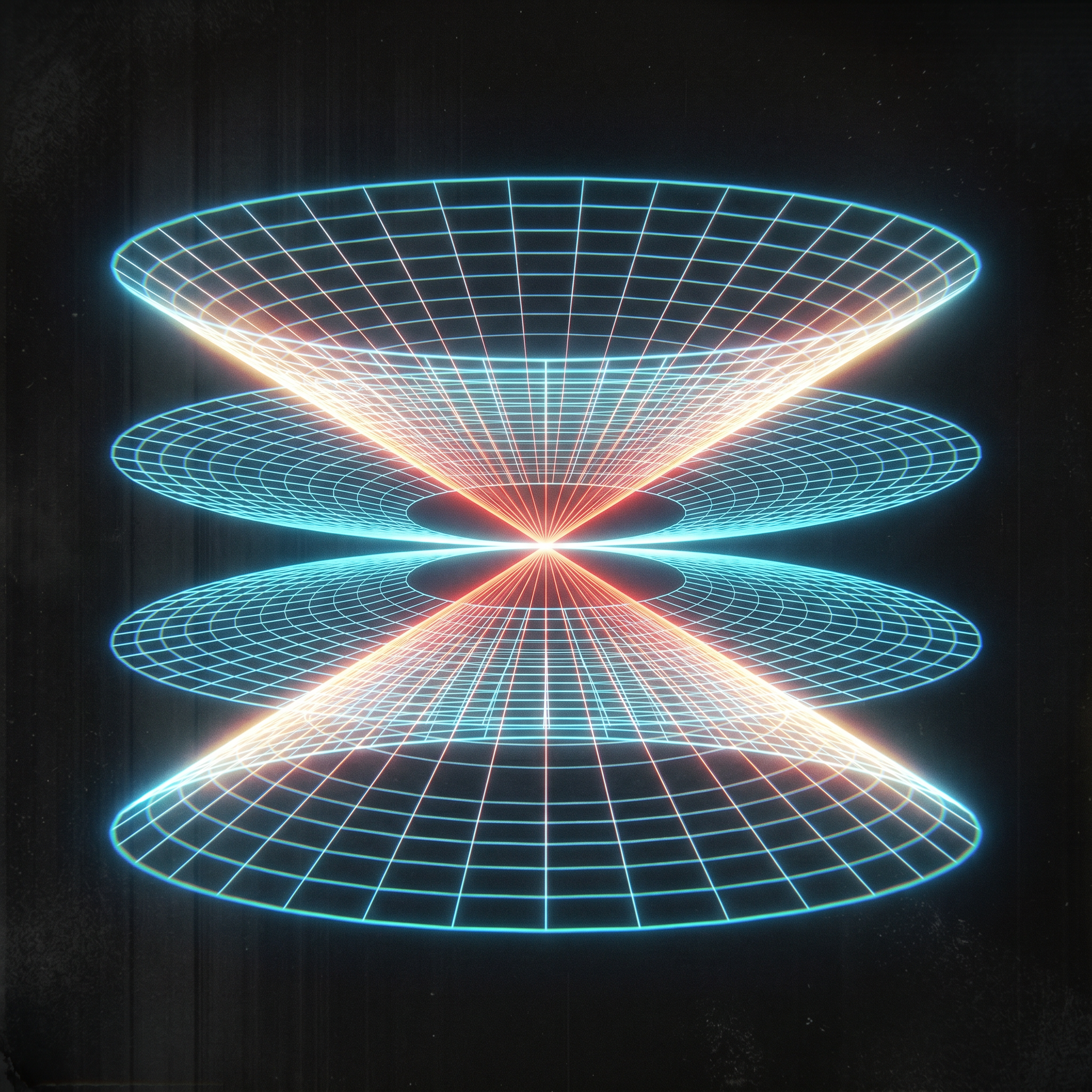 A neon wireframe of stacked converging layers
