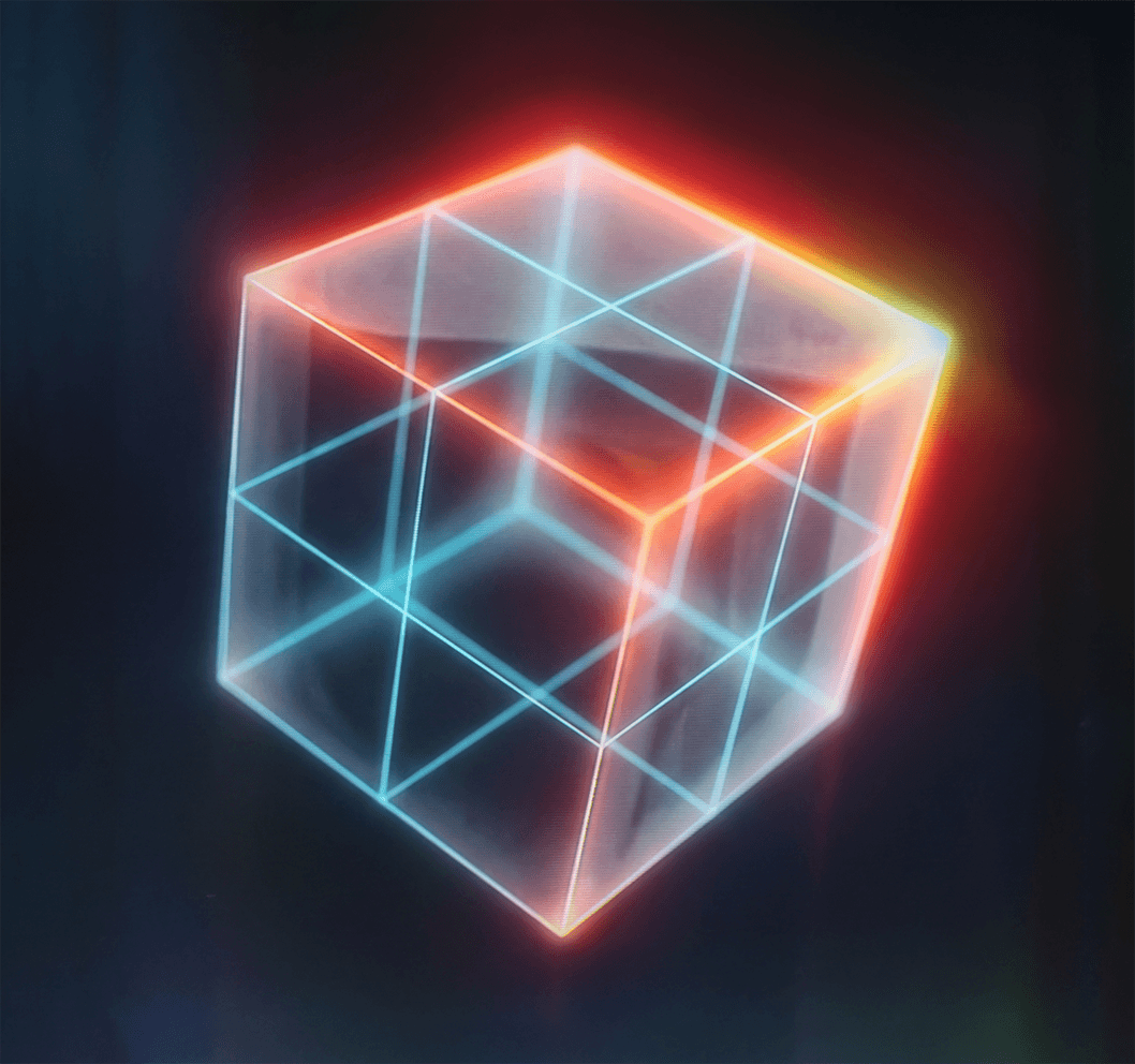 A neon wireframe cube of modular components