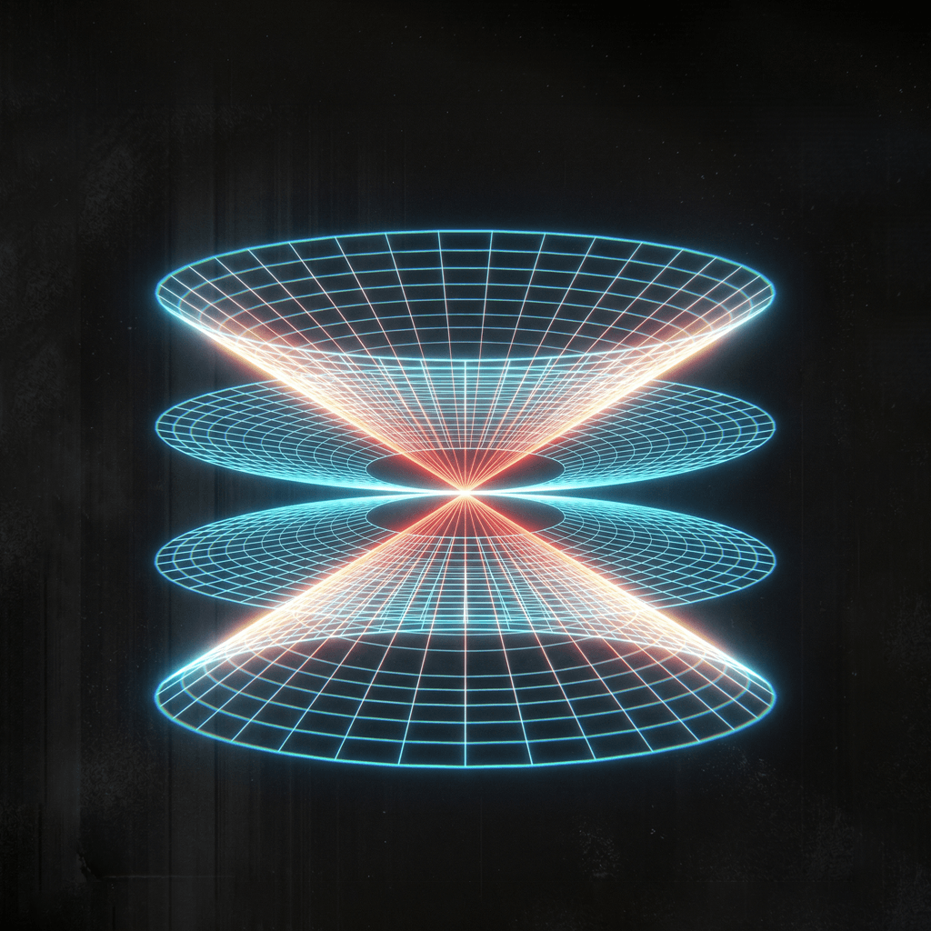 A neon wireframe of two grids converging to a point — the platform's pipelines