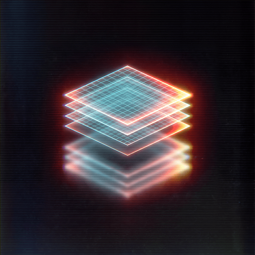 A neon wireframe of stacked glowing planes above their reflection