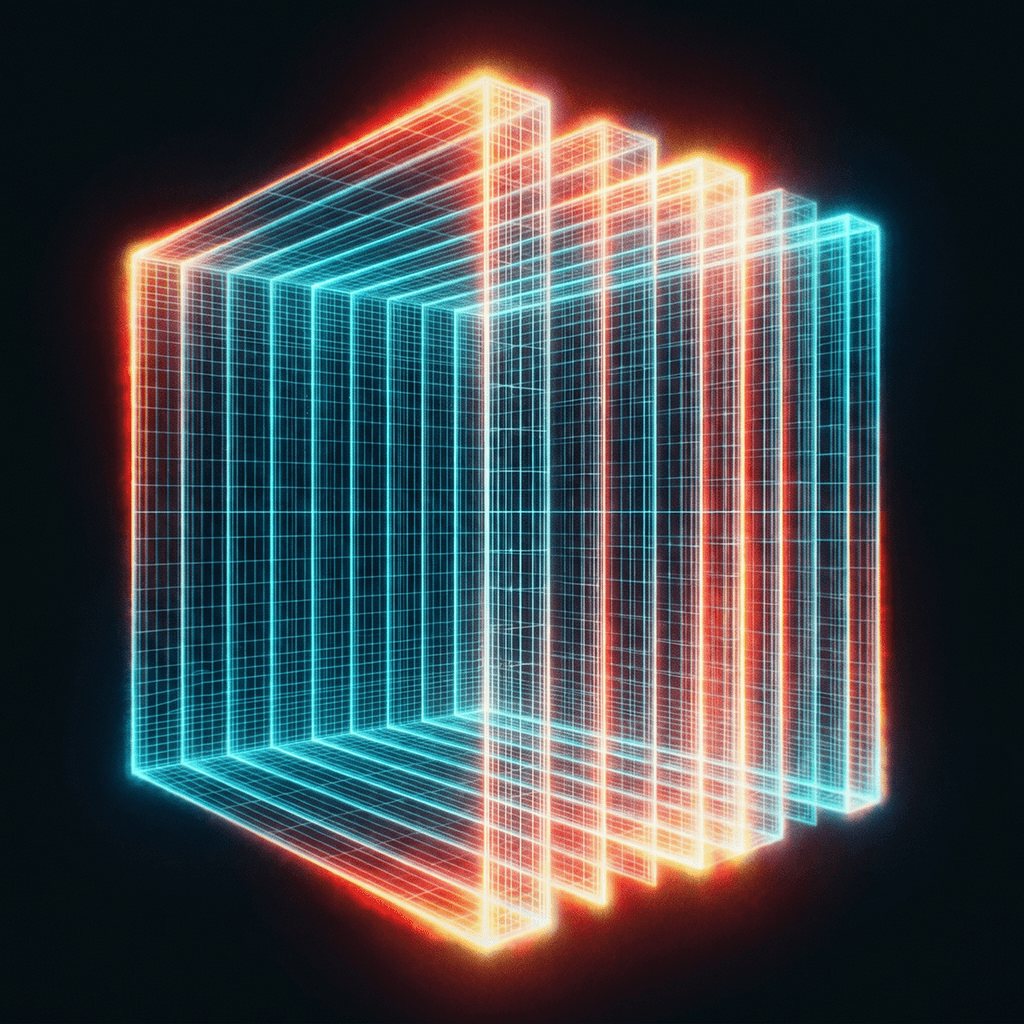 A neon wireframe cube of layered planes