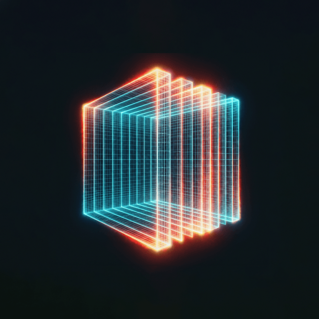 A neon wireframe cube of nested planes — the platform your team runs on